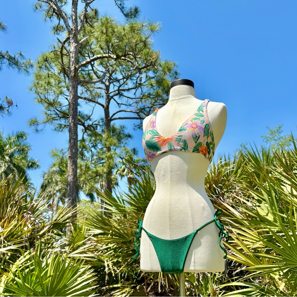 Gianni Bini Tropical Heirloom Bliss Bralette Green Bikini Bottom Size M Set